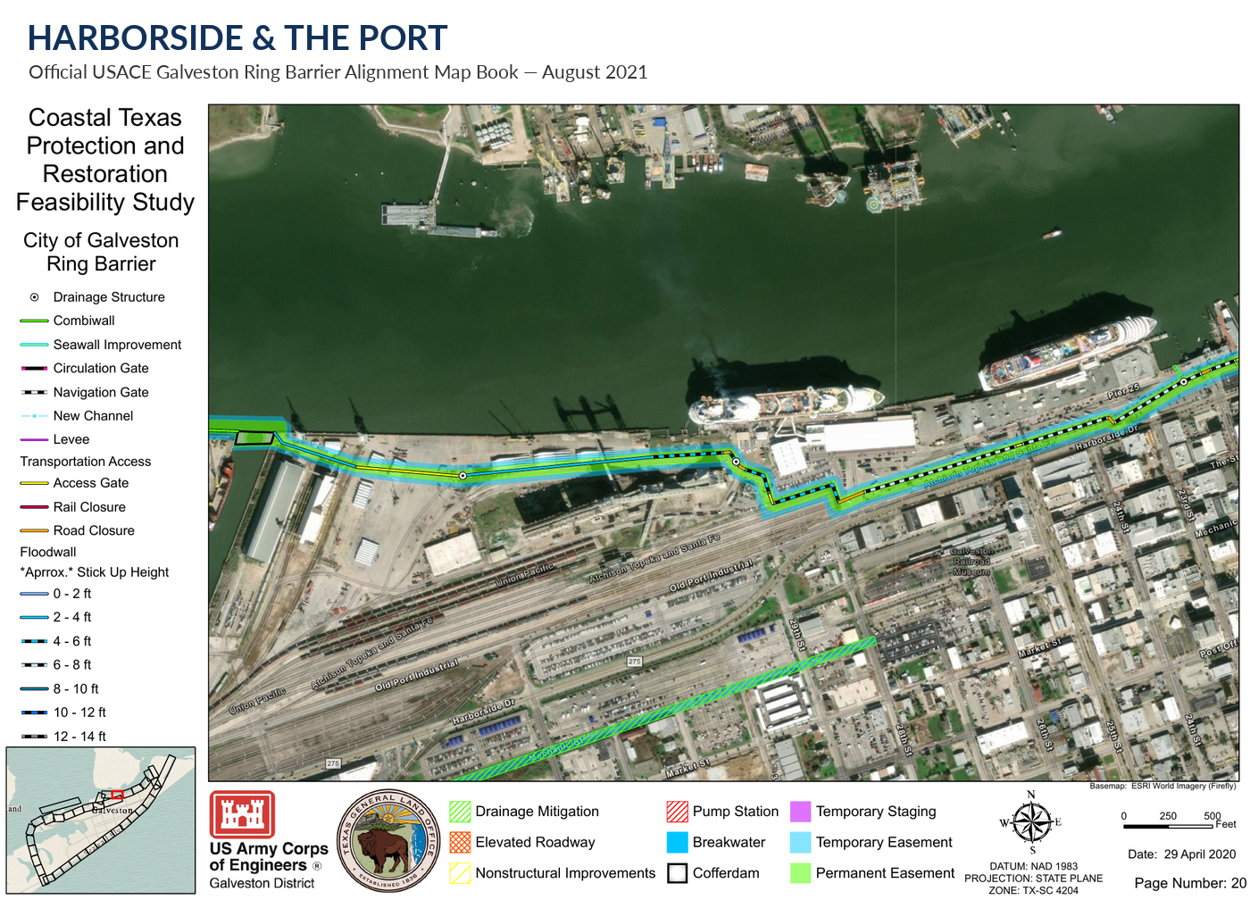 Map detail showing the Ring Barrier alignment at Harborside and the Port of Galveston